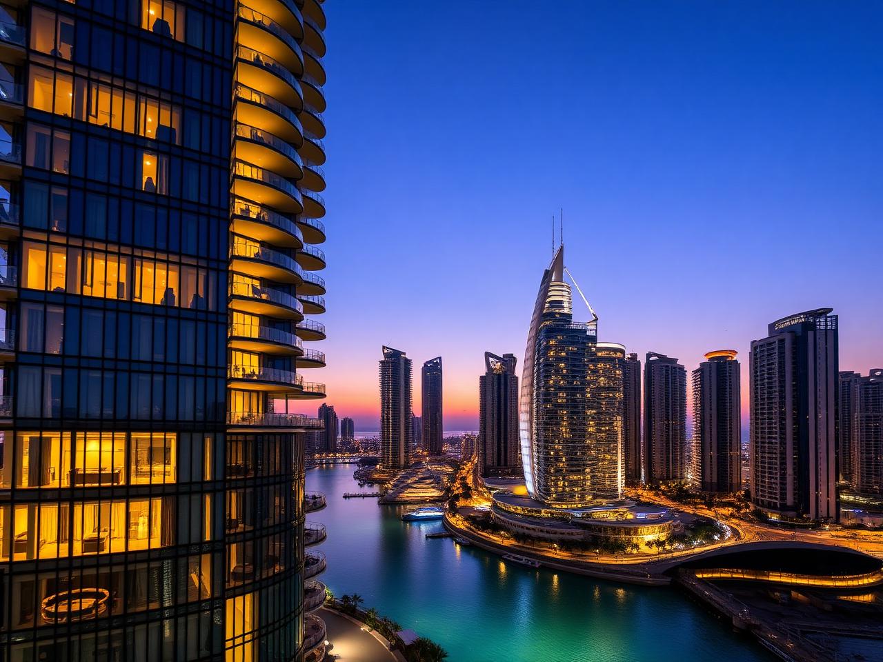 Luxury residential tower in Dubai Marina at twilight